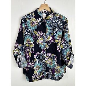 CHICO'S 2 Large Multicolor Floral Button Down Collared Shirt Roll Tab Sleeve NEW